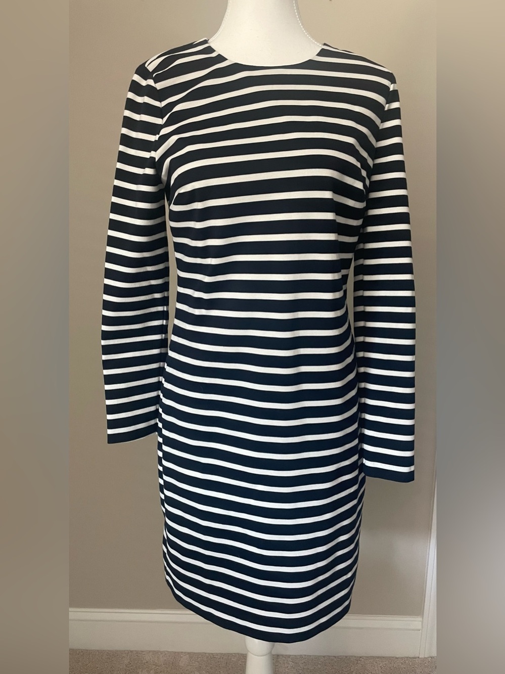 MICHAEL Michael Kors Navy and White Striped Long Sleeve Sheath Dress (small)